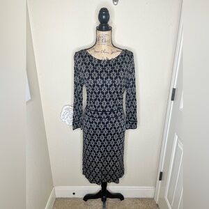 NTM: Tory Burch White Monogram Print Silk Sheath Dress 3/4 Sleeve Size L